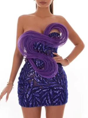 Purple Sequins Embellished Party Evening Dress