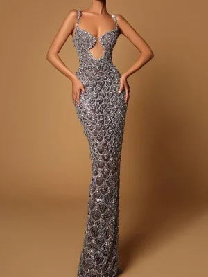 Sequins Mesh Sparkly Silver Maxi Dress Party Evening Outfits