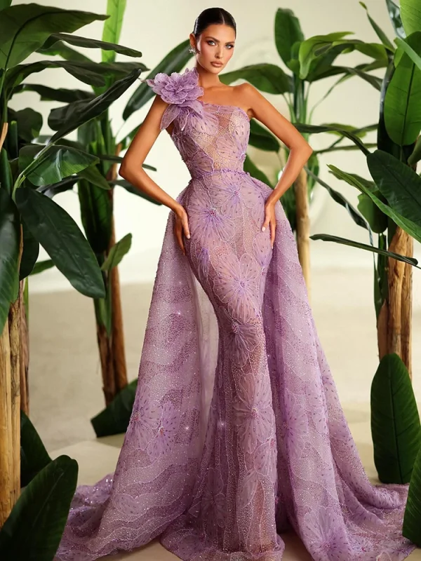 Purple Flower Details Elegant Evening Gown - Image 3