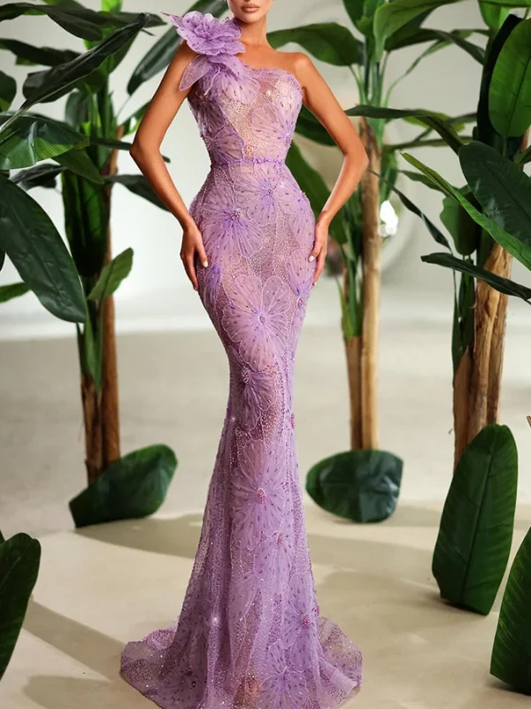 Purple Flower Details Elegant Evening Gown