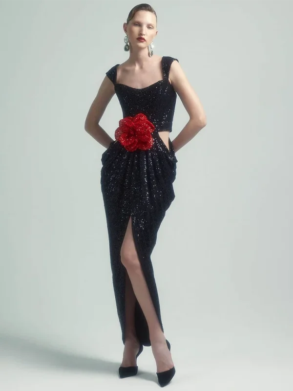 Flower Sequins Ruched Party Dress - Image 3