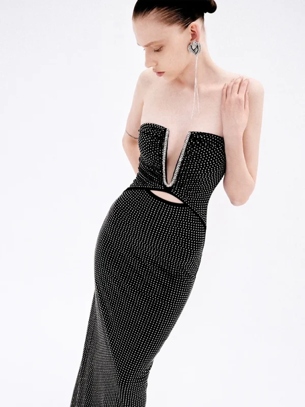 Strapless V Neck Sparkling Diamonds Bandage Dress - Image 3