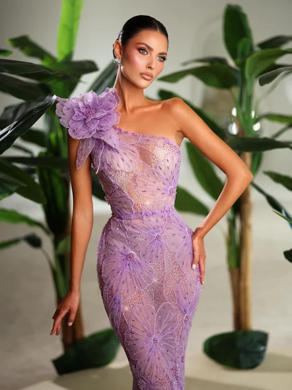 Purple Flower Details Elegant Evening Gown - Image 2