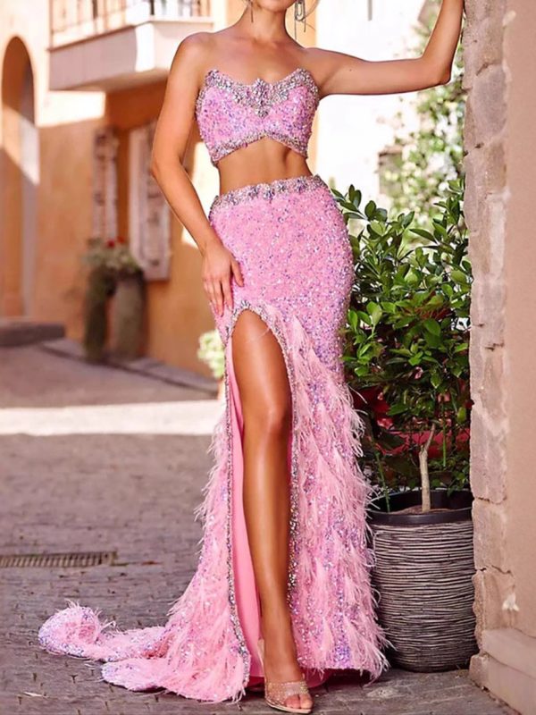 Sparkly Sequins Feather Embellished Gown