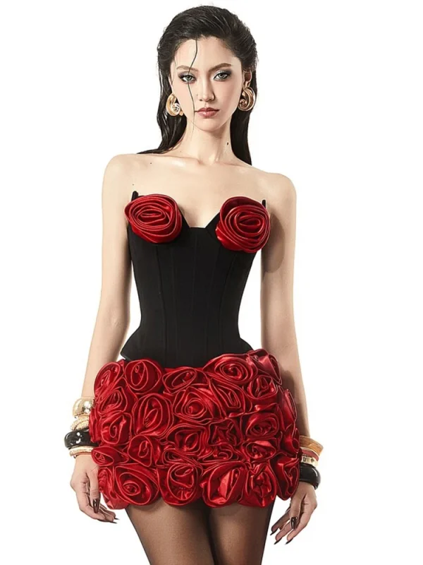 Rose Decorated Black Corset Mini Dress - Image 3