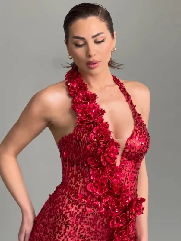 Bright Red Halter Sequins Long Dress - Image 4