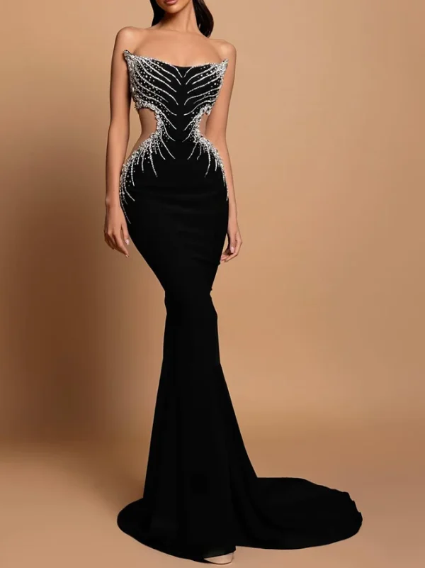 Strapless Crystal Black Maxi Dress