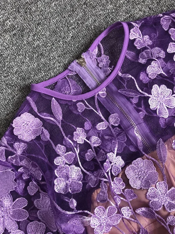 Purple Flower Embroidered Short Dress - Image 6