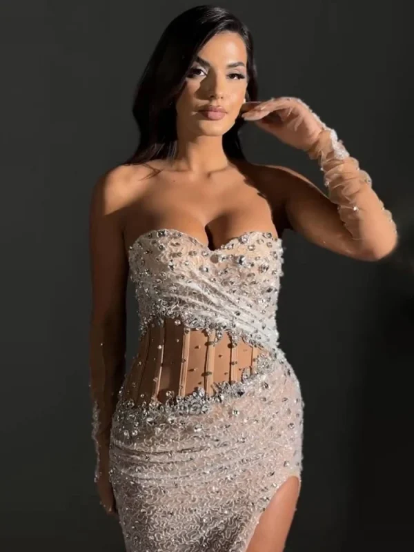 Beige Sequins Strapless Dress - Image 3