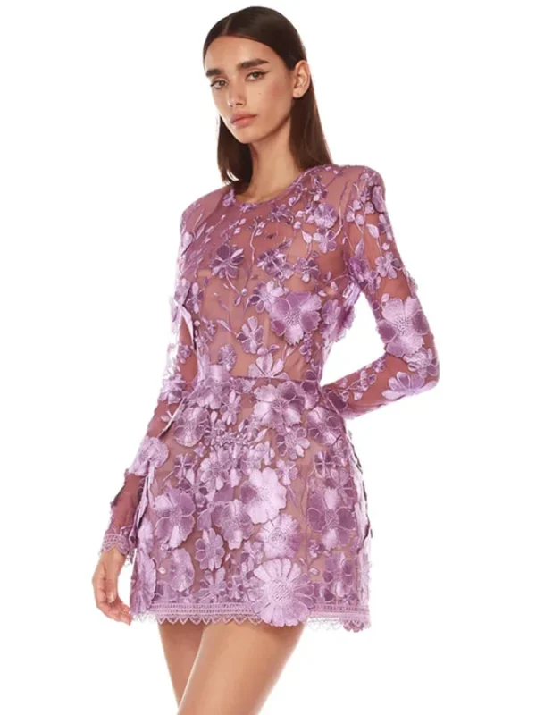 Purple Flower Embroidered Short Dress - Image 2