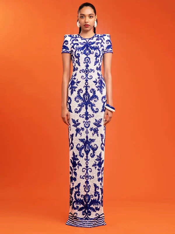 Blue Jacquard Porcelain Printed Celebrity Gown - Image 2