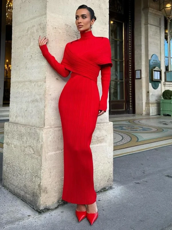 Red Jacquard Bandage Long Dress - Image 4