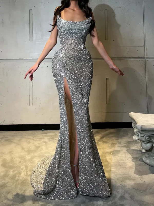 Strapless Backless Mesh Sequins Gown