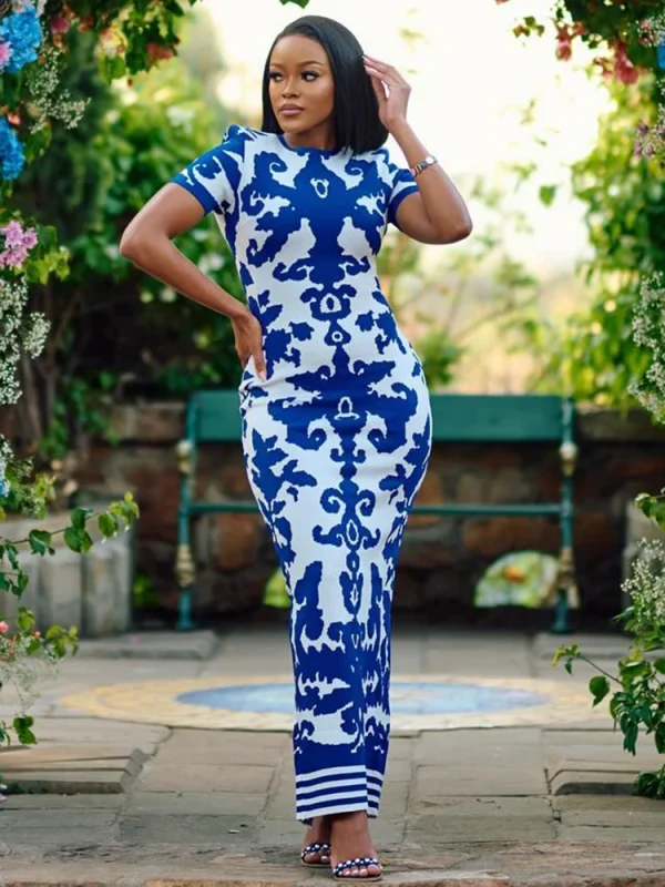 Blue Jacquard Porcelain Printed Celebrity Gown - Image 6