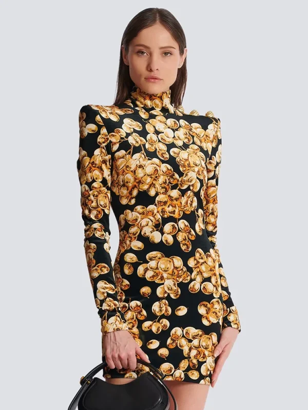 Grape Printed Gold Velvet Mini Dress - Image 5