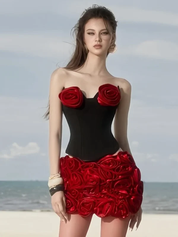 Rose Decorated Black Corset Mini Dress