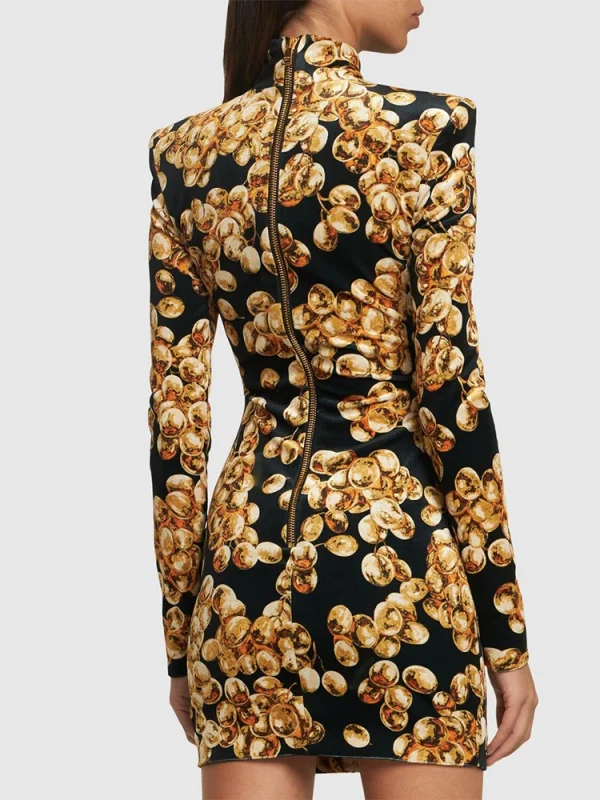 Grape Printed Gold Velvet Mini Dress - Image 3