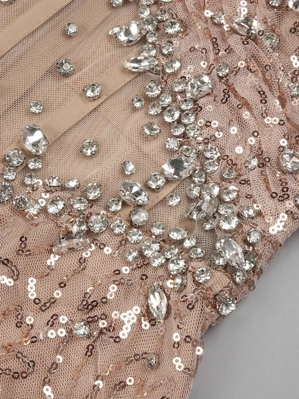 Beige Sequins Strapless Dress - Image 6