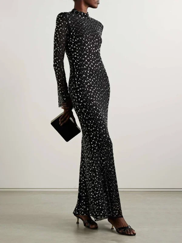 Black Mesh Crystal Diamond Long Dress