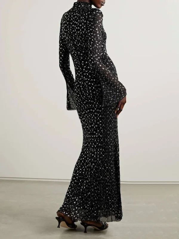 Black Mesh Crystal Diamond Long Dress - Image 2