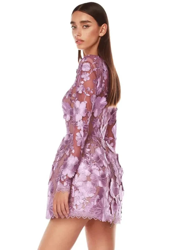 Purple Flower Embroidered Short Dress - Image 3