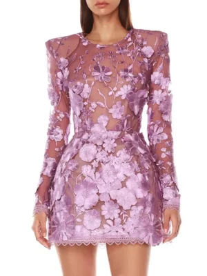 Purple Flower Embroidered Short Dress