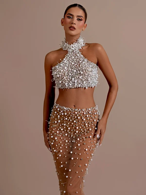 Off the Shoulder Pearl Beading 2 Pieces Set - Image 3