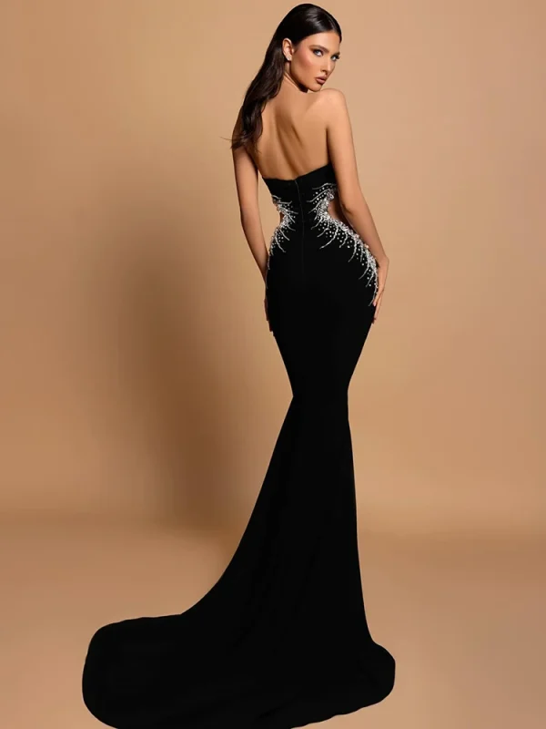 Strapless Crystal Black Maxi Dress - Image 2