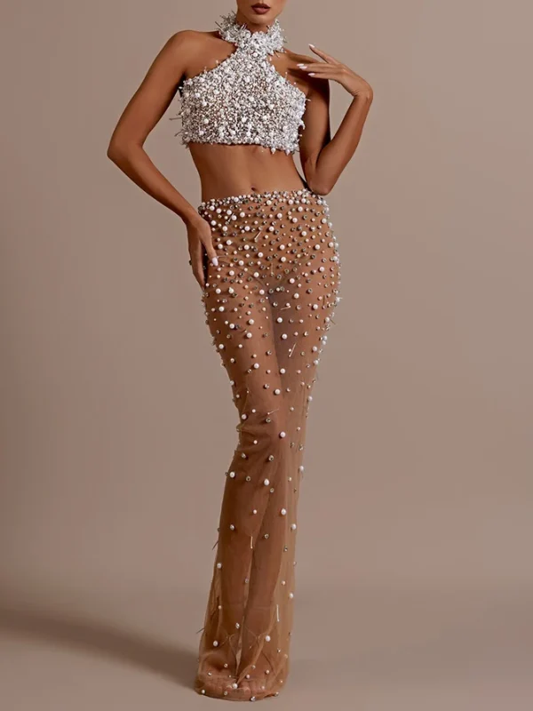 Off the Shoulder Pearl Beading 2 Pieces Set