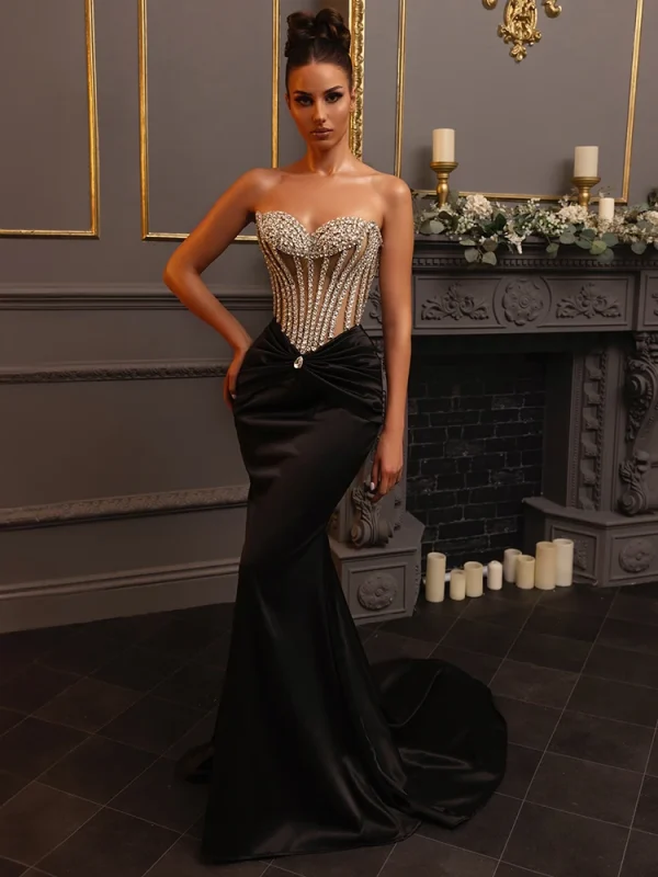 Glimmer Trumpet Black Velvet Evening Gown - Image 2