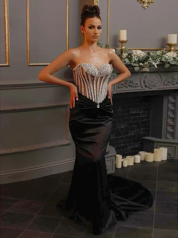 Glimmer Trumpet Black Velvet Evening Gown - Image 3