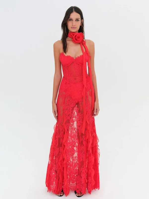 Red Lace Flower Necklace Evening Gown - Image 6