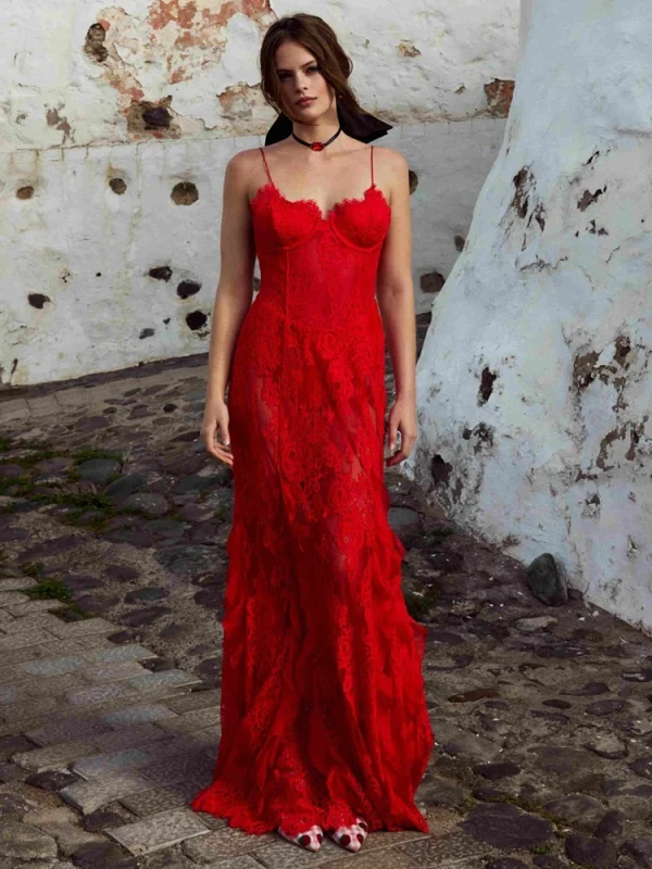 Red Lace Flower Necklace Evening Gown - Image 3