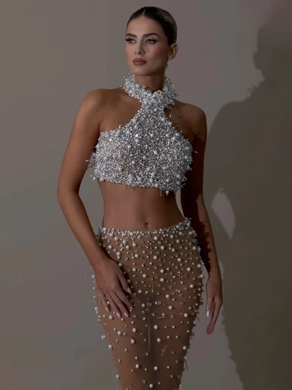 Off the Shoulder Pearl Beading 2 Pieces Set - Image 4