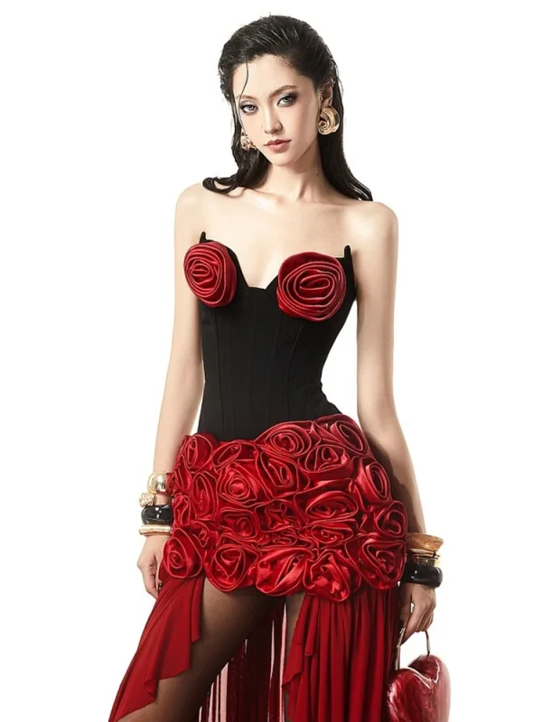 Rose Decorated Black Corset Mini Dress - Image 5