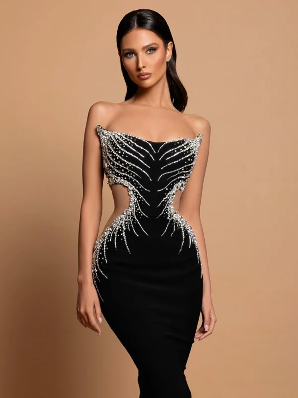 Strapless Crystal Black Maxi Dress - Image 3