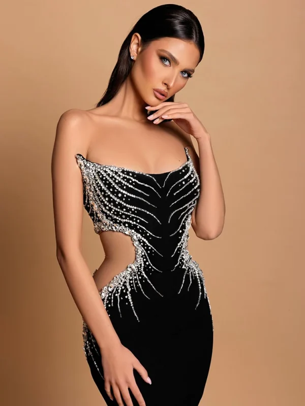 Strapless Crystal Black Maxi Dress - Image 4