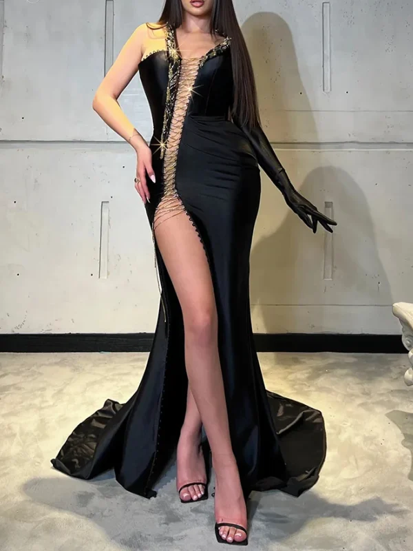 Single Sleeve Cut Out Laced Velvet Party Gown