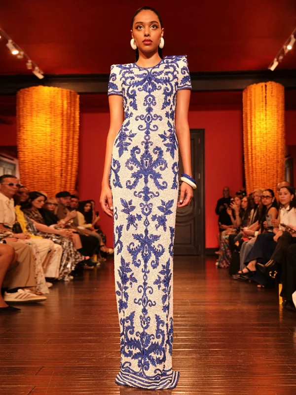 Blue Jacquard Porcelain Printed Celebrity Gown - Image 3