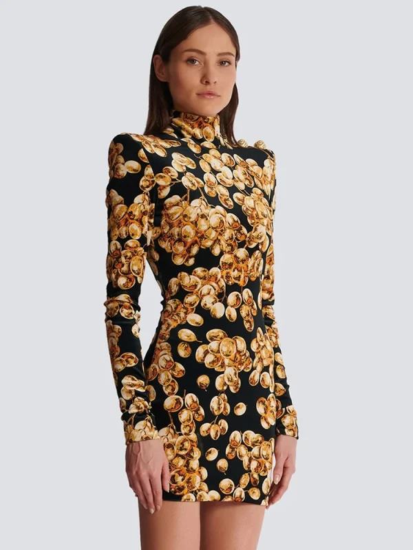 Grape Printed Gold Velvet Mini Dress - Image 4