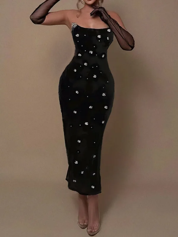 Black Mesh Strapless Diamond Crystals Party Dress