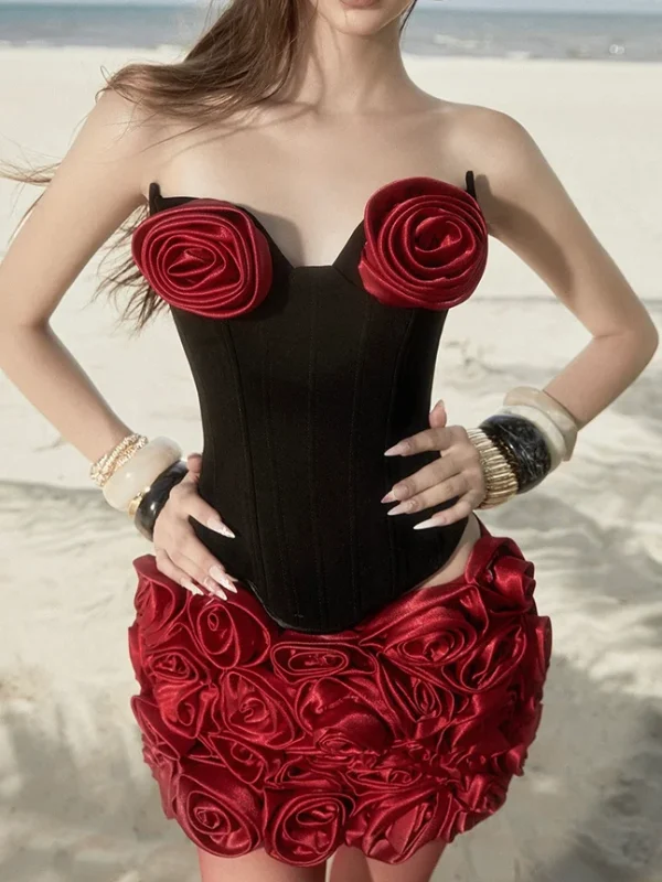 Rose Decorated Black Corset Mini Dress - Image 2